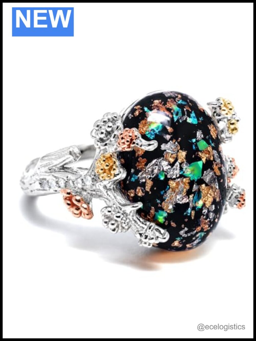 Sterling Silver Simulated Black Opal Elven Promise Ring